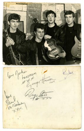 The front and back of this rare Beatles signed photograph with both drummers Ringo Starr and Pete Best.