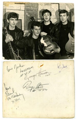 The front and back of this rare Beatles signed photograph with both drummers Ringo Starr and Pete Best.
