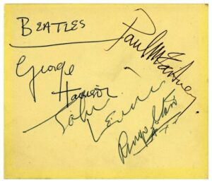 AP6. A Set Of Beatles Autographs From April Of 1963, George Harrison Has Written "BEATLES"