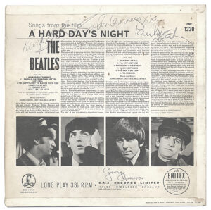 SA7.  "A Hard Day's Night" UK LP Cover Fully-Signed By All Four Beatles For American Runaway, November 1, 1964