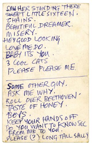 SI28. An original Paul McCartney Handwritten Beatles Stage Used Concert Set List with 20 Songs in total - Making it the Most Extensive Beatles Set List Known.