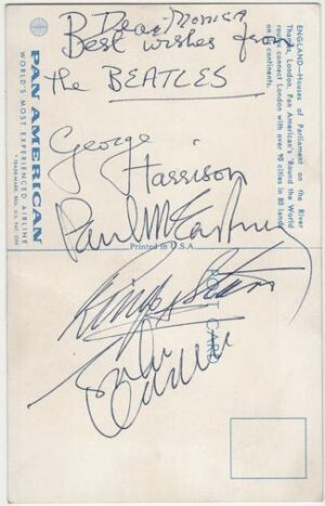 SI2. A Pan Am Postcard Signed by The Beatles on February 7, 1964 During Their Historic First Flight to New York
