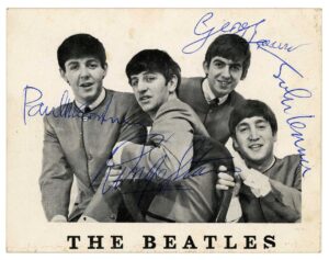 PC6. Rare Beatles Signed Fan Club Card, With Iconic Dezo Hoffmann Image
