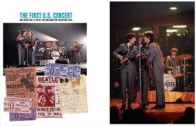 The Beatles performing their first U.S. concert live onstage at The Washington Coliseum a few hours after this Meet The Beatles album cover was autographed by them.
