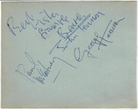 A blue autograph album page signed by John Lennon, Paul McCartney and George Harrison, with John writing "Best wishes from the Beatles".