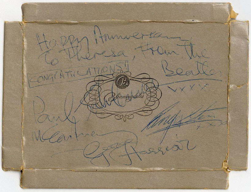 A Bloomingdale's Cardboard Box Top Signed By the Beatles On August 13, 1965.