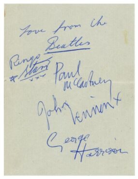 Beatles autograph set from February 8, 1963, signed by all in blue ballpoint pen, with Ringo Starr writing ""Love from the Beatles".