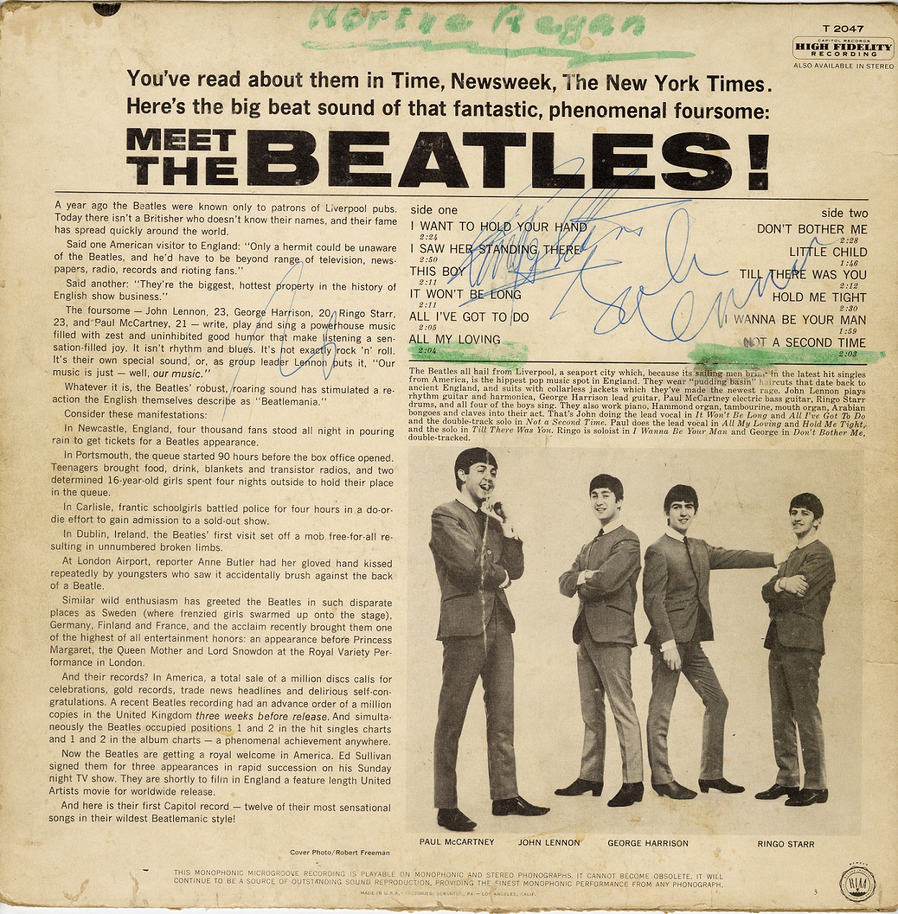 A First Visit Signed "Meet The Beatles" Album Cover Autographed By John Lennon & Ringo Starr In New York On The Beatles First U.S. Visit In February 1964