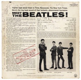 A Promotional "Meet The Beatles" album cover signed for George Harrison's sister Louise on February 11, 1964.