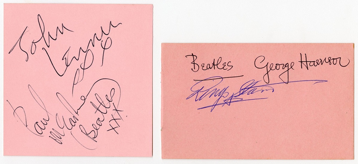 A set of mid 1963 Beatles autographs on two pink autograph album pages.