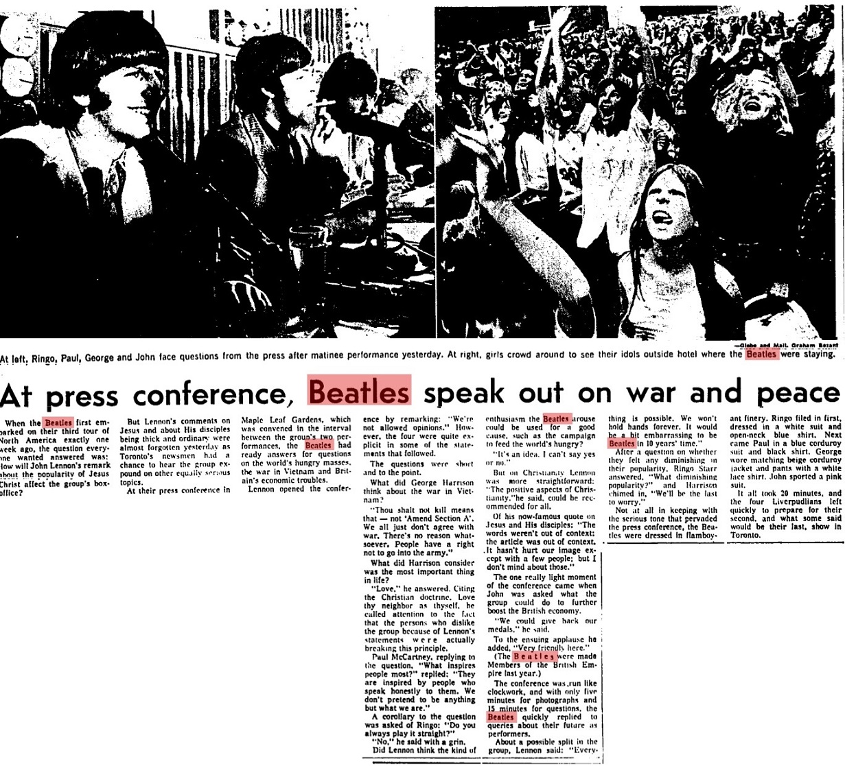 Newspaper Article Toronto Press Conference August 17, 1966. The Beatles in a smiling pose at their press conference in Toronto on August 17, 1966.