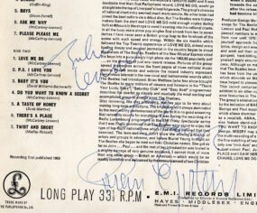 John Lennon, George Harrison and Brian Epstein autographs.