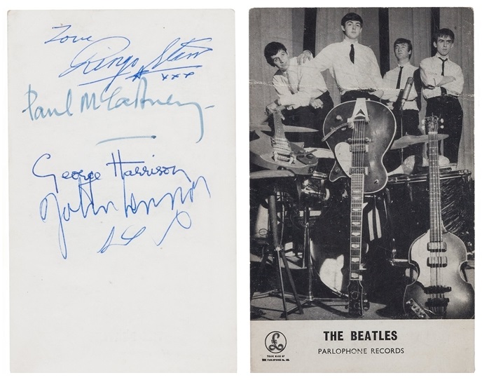 An early Parlophone promo card signed by The Beatles on the back.