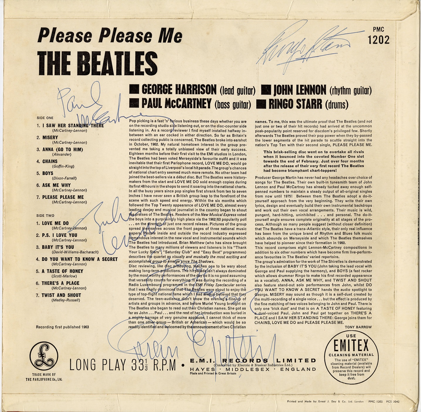 A Please Please Me Album Cover Signed By The Beatles And Brian Epstein.