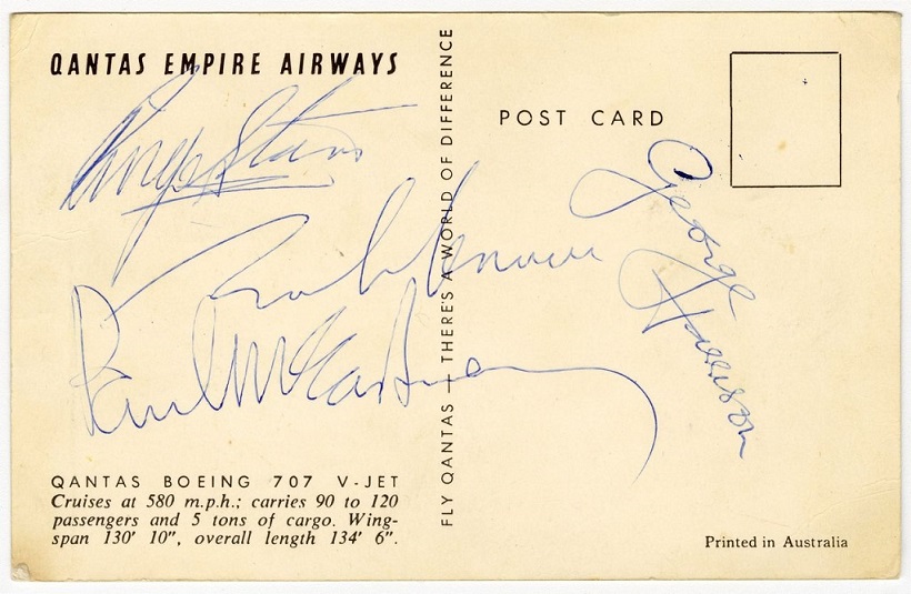 A Qantas Airlines Postcard Signed By The Beatles.
