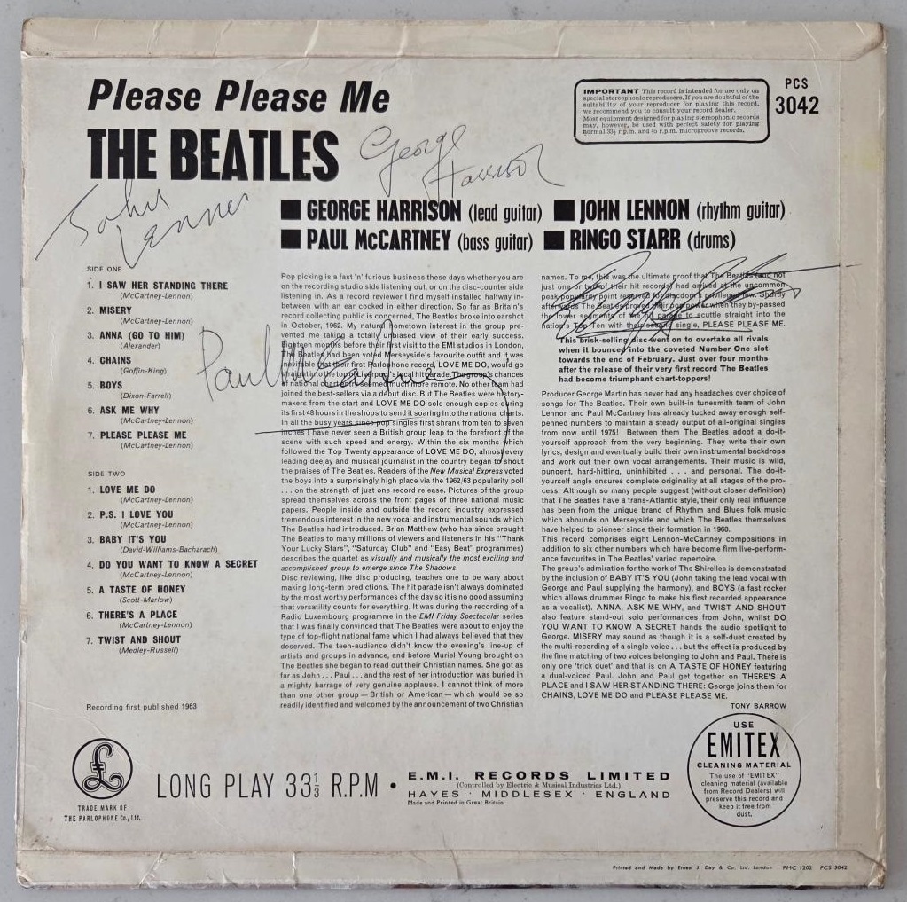 An EXTREMELY RARE Please Please Me First Pressing Black & Gold Label STEREO Album Cover Autographed By The Beatles Shortly After Release